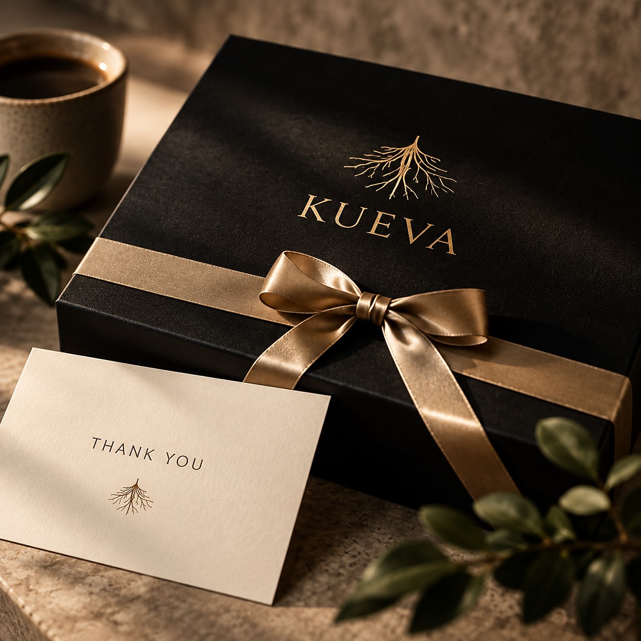 A black Kueva gift box tied with a satin ribbon beside a handwritten thank you card