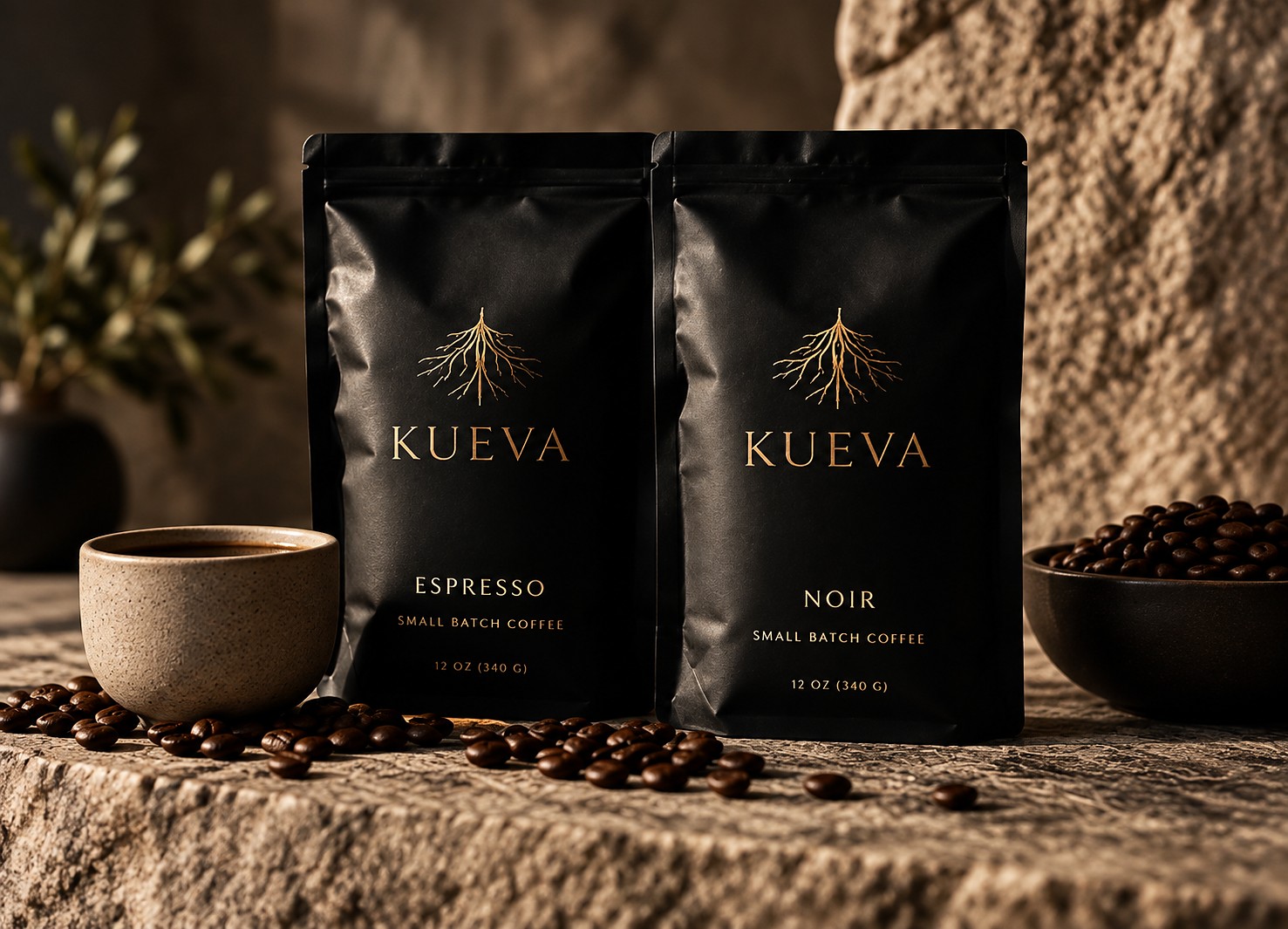 Two bags of Kueva small-batch coffee, Espresso and Noir, staged with a cup and loose coffee beans