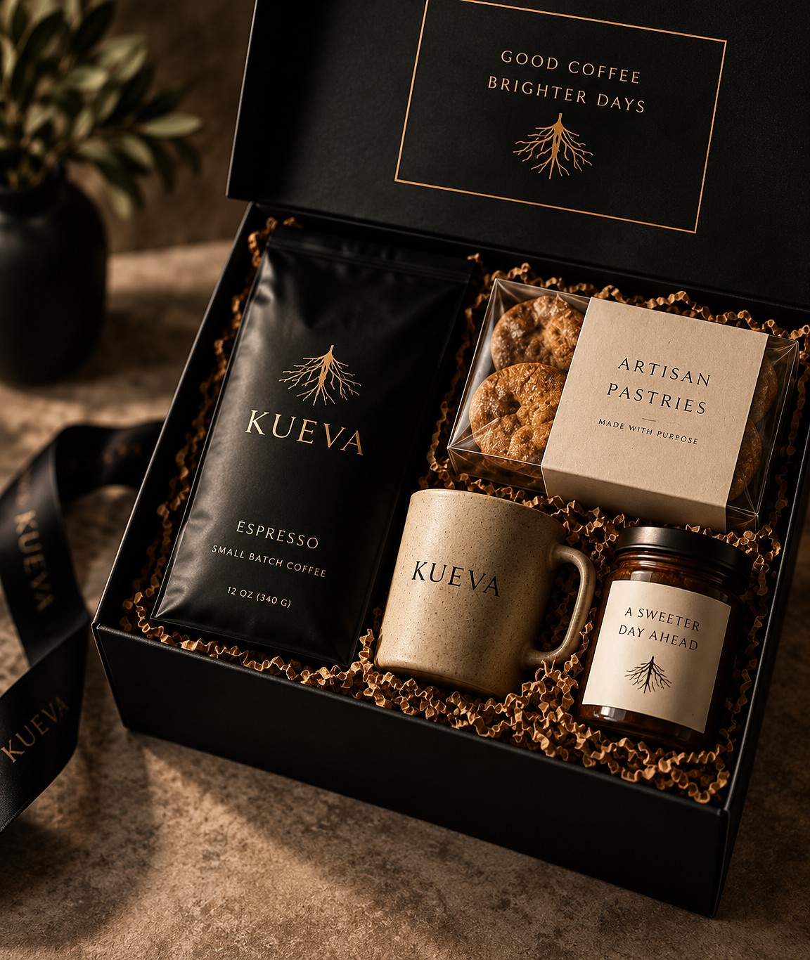 An open Kueva gift box with coffee, a mug, artisan pastries, and a jar, nestled in kraft packaging
