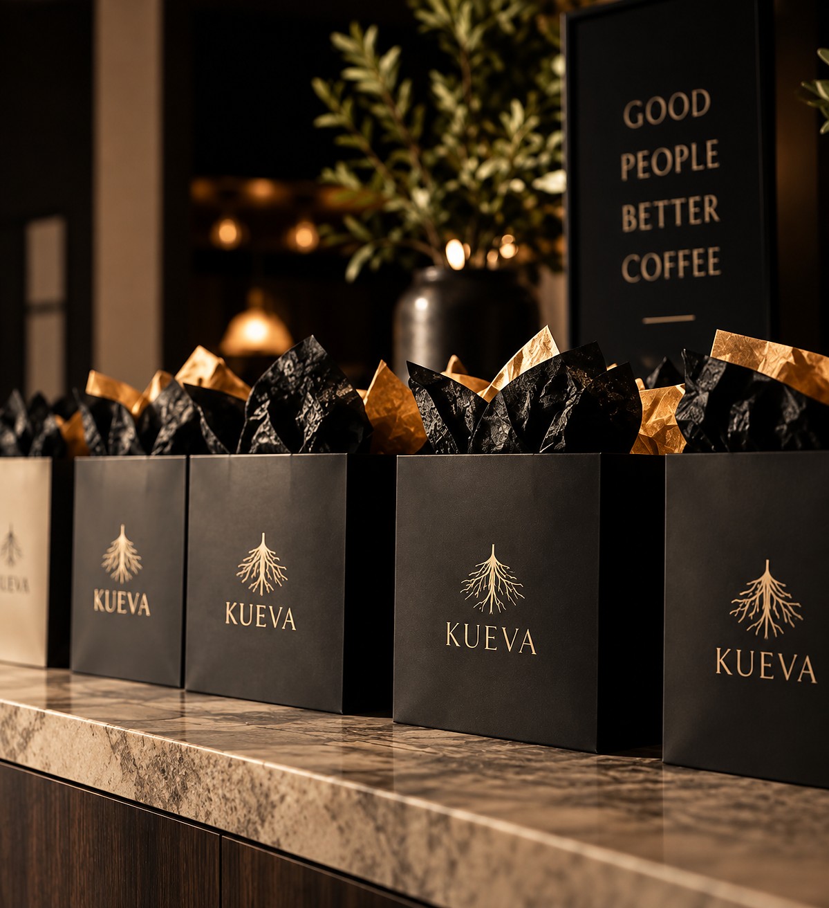 A row of black Kueva gift bags with gold tissue paper, staged for an event